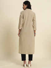 Thread Plus Cotton Flax Straight Kurti In Beige Color For Women